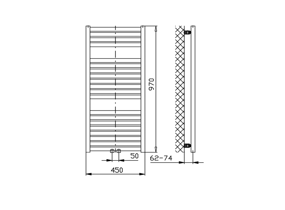 Aqualine TONDI vykurovacie teleso rovné 450x970 mm, stredové pripojenie, biela DT450T