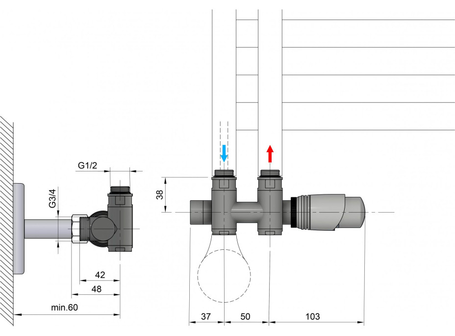 Bruckner WICHER COMBI pripojovacia sada termostatická pre stredové pripojenie 50mm, chróm 600.331.1