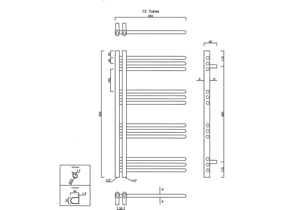 Sapho DORLION vykurovacie teleso 500x900 mm, čierna mat 1130-20