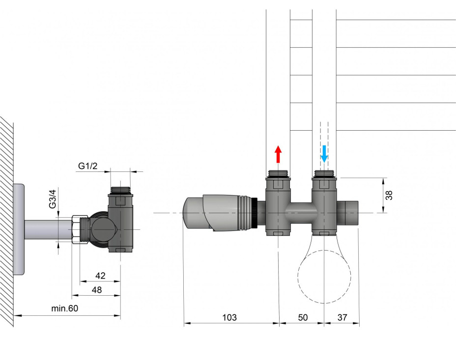 Bruckner WICHER COMBI pripojovacia sada termostatická pre stredové pripojenie 50mm, chróm 600.331.1