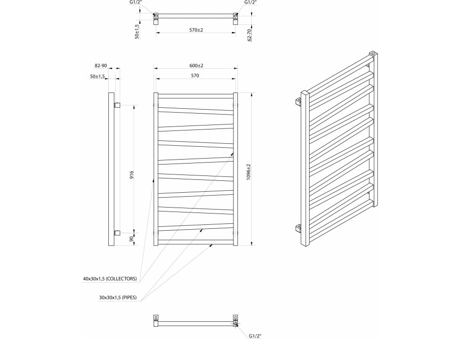 Sapho ZIG vykurovacie teleso 600x1096 mm, čierna mat ZG611B