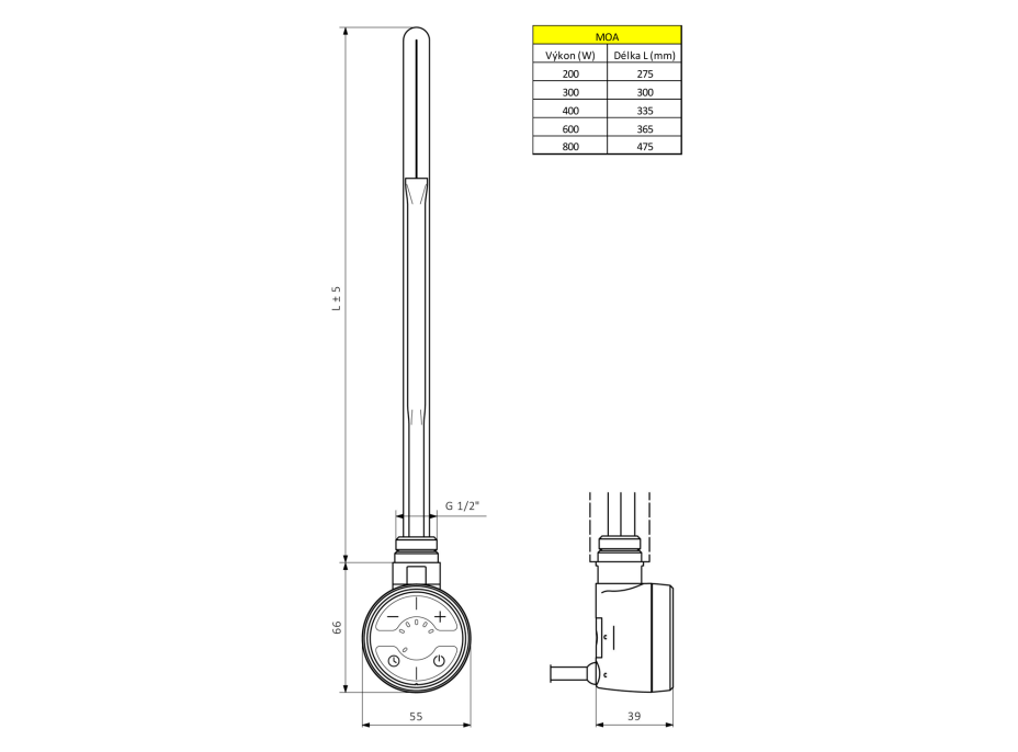 Sapho MOA vykurovacia tyč s termostatom, 400 W, chróm MOA-C-400