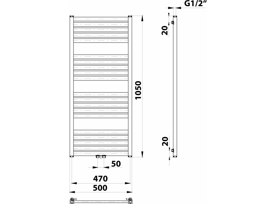 Bruckner GRUNT vykurovacie teleso rovné 500x1050 mm, stredové pripojenie, biela 600.121.4