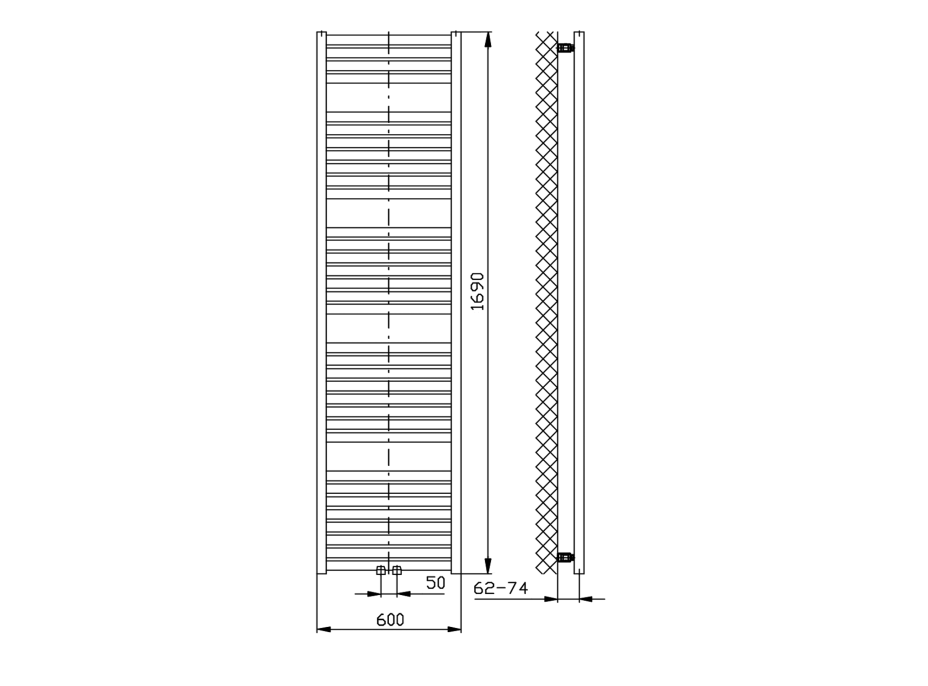 Aqualine TONDI vykurovacie teleso rovné 600x1690 mm, stredové pripojenie, čierna mat DT496T