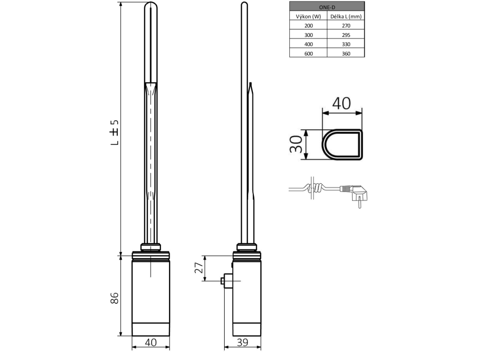Sapho ONE D vykurovacia tyč s termostatom, 600 W, ľavá, chróm ONE-DL-C-600