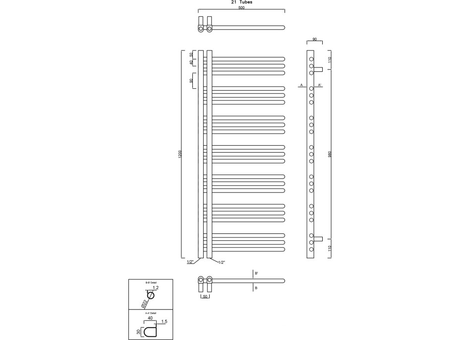 Sapho DORLION vykurovacie teleso 500x1200 mm, čierna mat 1130-21