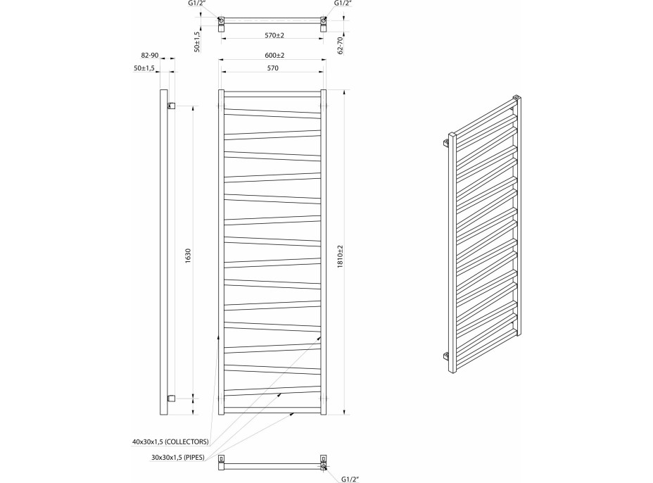 Sapho ZIG vykurovacie teleso 600x1810 mm, čierna mat ZG619B