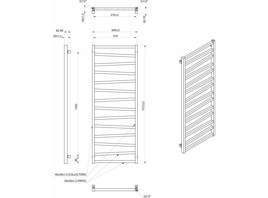 Sapho ZIG vykurovacie teleso 600x1572 mm, čierna mat ZG616B