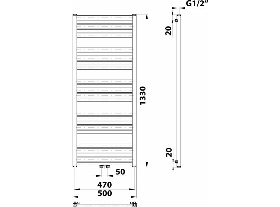 Bruckner GRUNT vykurovacie teleso rovné 500x1330 mm, stredové pripojenie, biela 600.122.4