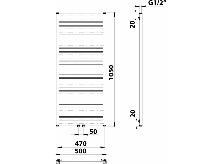 Bruckner GRUNT vykurovacie teleso rovné 500x1050 mm, stredové pripojenie, čierna mat 600.121.6