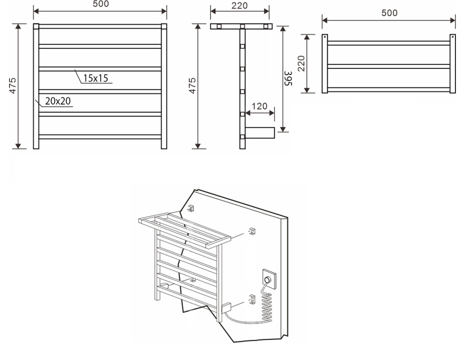 Sapho ELZOR elektrický sušiak uterákov 500x470 mm, 60 W, biela mat EB500