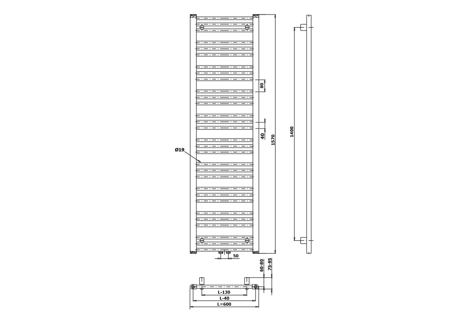 Bruckner ALBRECHT vykurovacie teleso 600x1570 mm, stredové pripojenie, čierna mat 600.118.6