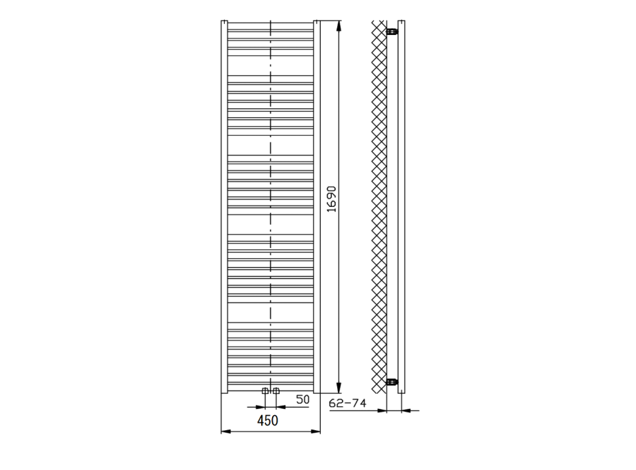 Aqualine TONDI vykurovacie teleso rovné 450x1690 mm, stredové pripojenie, čierna mat DT446T