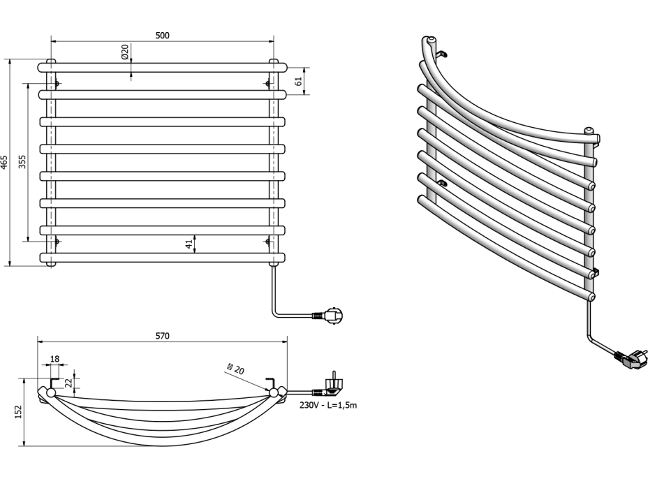 Aqualine Elektrický sušiak uterákov, 570x465mm, 72W, biely SU110A