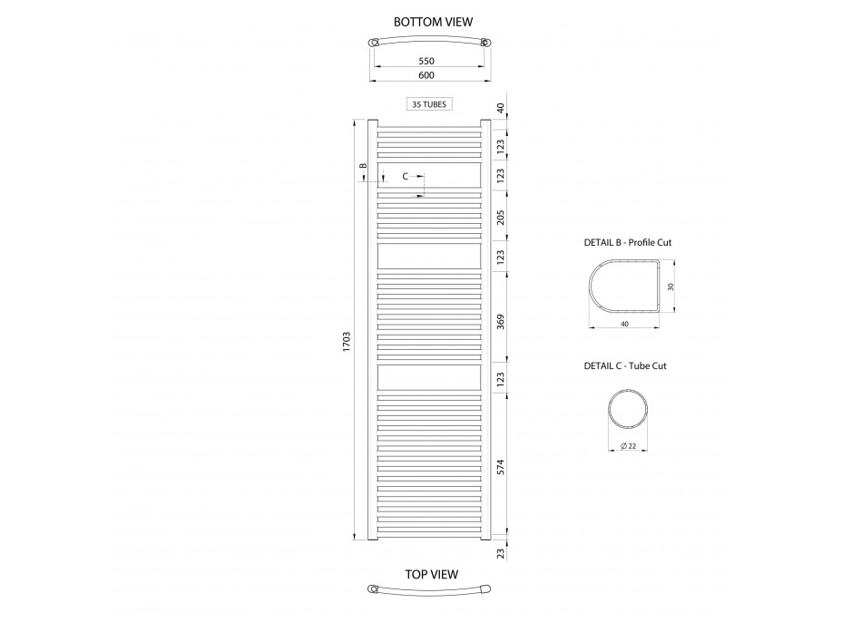 Aqualine ALYA vykurovacie teleso oblé 600x1703mm, chróm LLC205