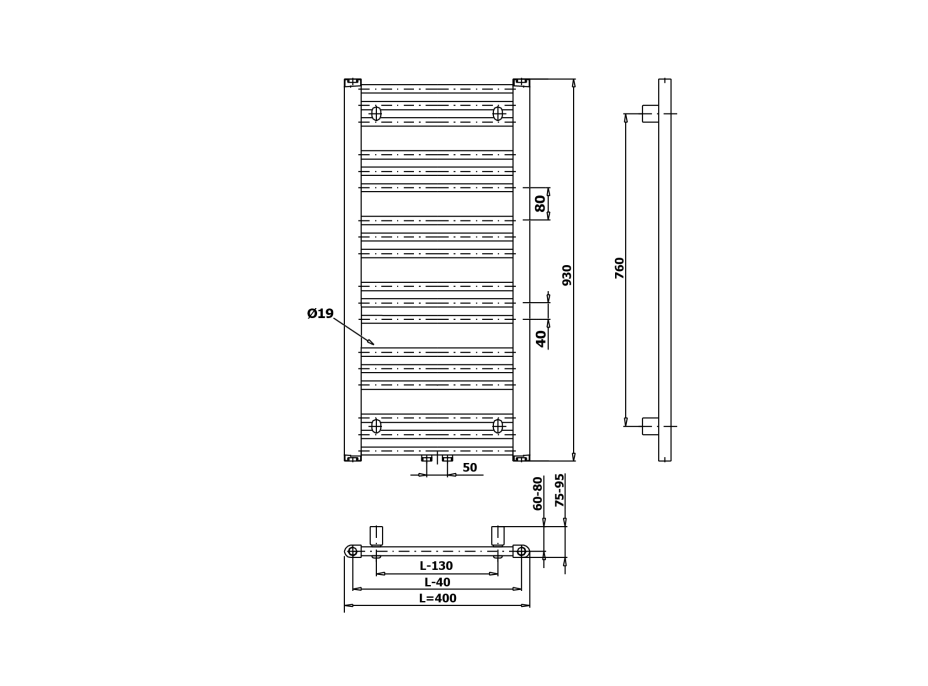 Bruckner ALBRECHT vykurovacie teleso 400x930 mm, stredové pripojenie, čierna mat 600.111.6