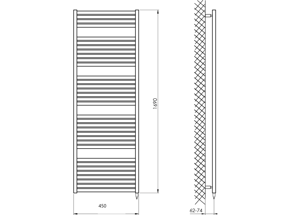 Aqualine TONDI-E elektrické vykurovacie teleso rovné 450x1690 mm, 600 W, čierna mat DE446T