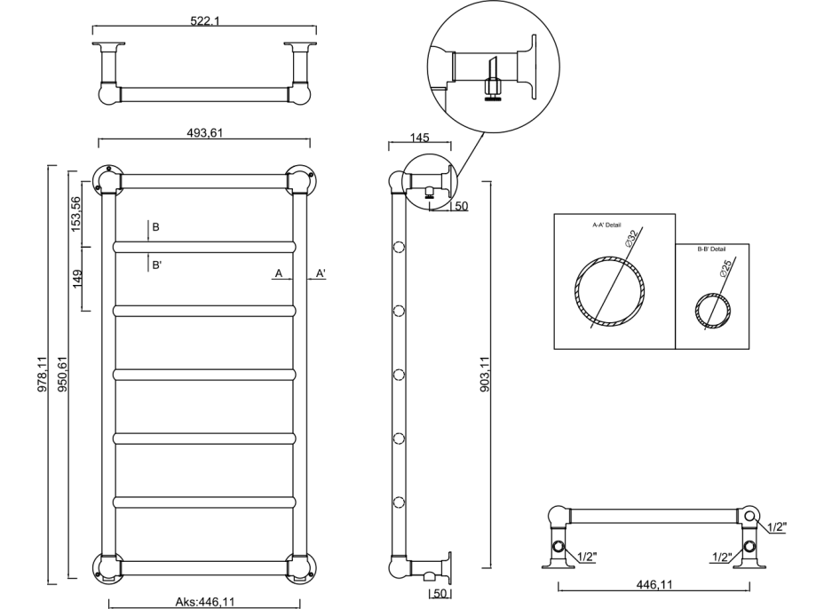 Sapho UNO retro vykurovacie teleso 493x951 mm, nerez lesk NR816