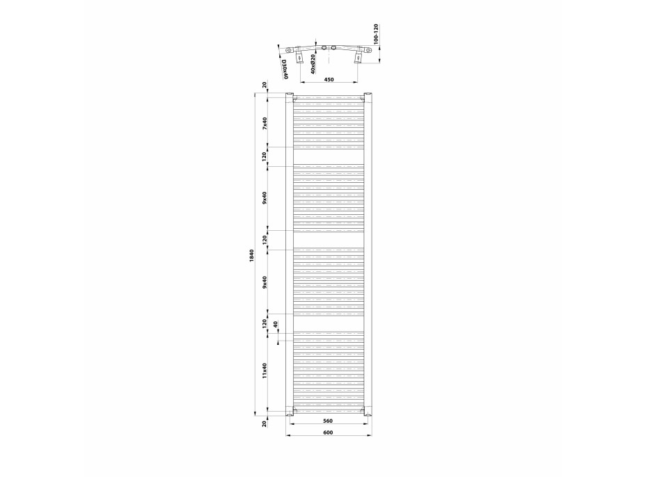 Aqualine ORBIT vykurovacie teleso s bočným pripojením 600x1850 mm, biela ILO86T