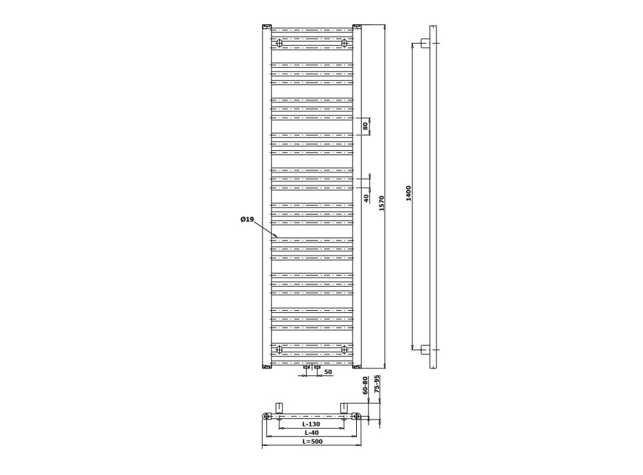 Bruckner ALBRECHT vykurovacie teleso 500x1570 mm, stredové pripojenie, čierna mat 600.115.6