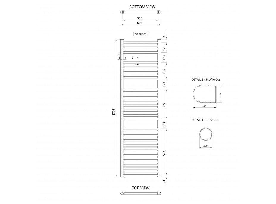 Aqualine ALYA vykurovacie teleso rovné 600x1703mm, chróm LLR106