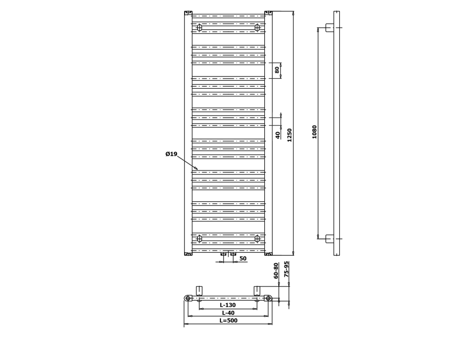 Bruckner ALBRECHT vykurovacie teleso 500x1250 mm, stredové pripojenie, čierna mat 600.114.6