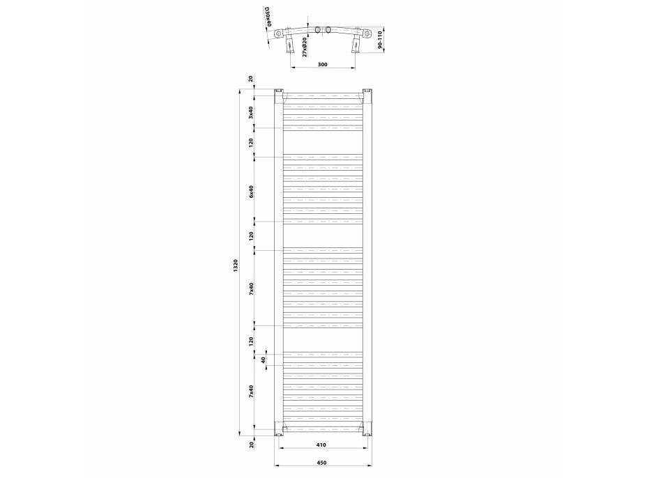 Aqualine ORBIT vykurovacie teleso s bočným pripojením 450x1320 mm, biela ILO34T