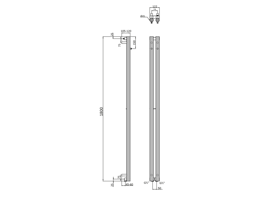 Sapho PILON vykurovacie teleso 122x1800 mm, s dvoma háčikmi pre uterák, čierna mat IZ124