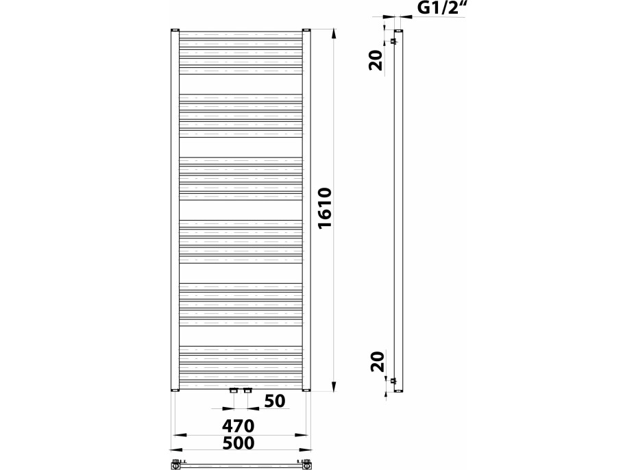 Bruckner GRUNT vykurovacie teleso rovné 500x1610 mm, stredové pripojenie, biela 600.123.4