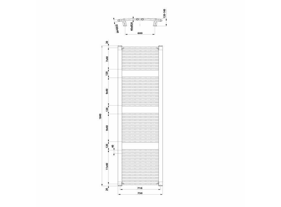 Aqualine ORBIT vykurovacie teleso s bočným pripojením 750x1850 mm, biela ILO87T