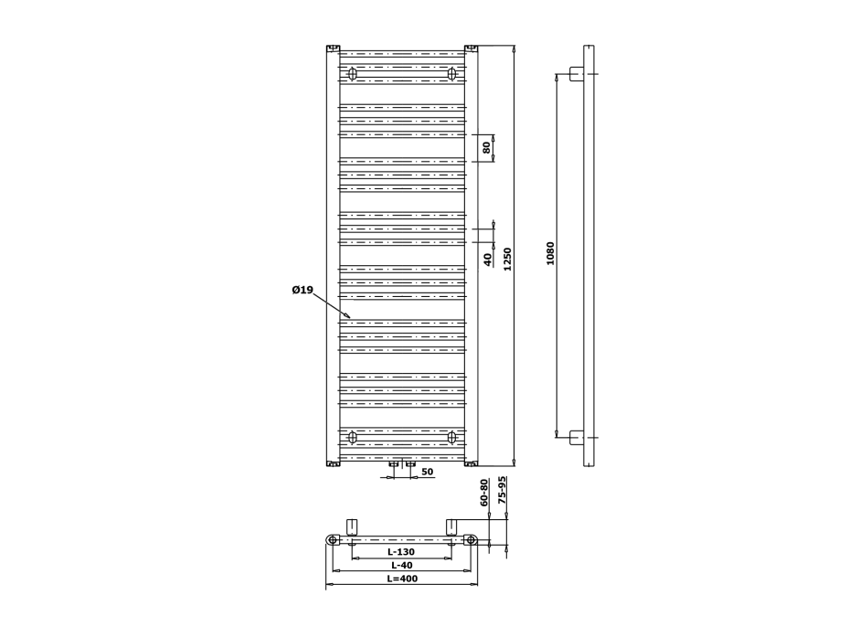 Bruckner ALBRECHT vykurovacie teleso 400x1250 mm, stredové pripojenie, čierna mat 600.112.6