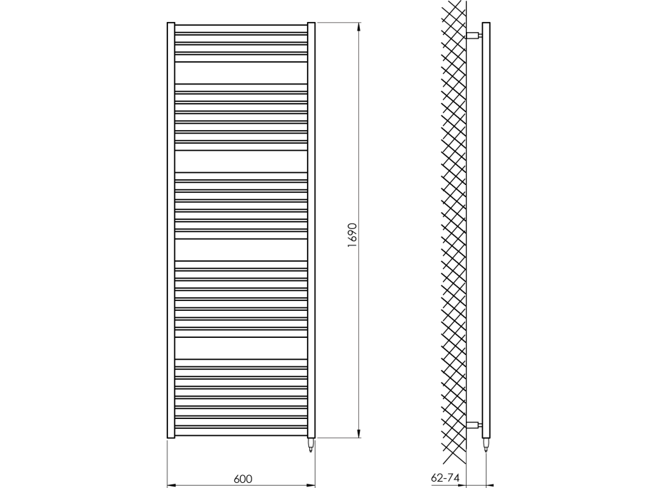 Aqualine TONDI-E elektrické vykurovacie teleso rovné 600x1690 mm, 800 W, biela DE490T