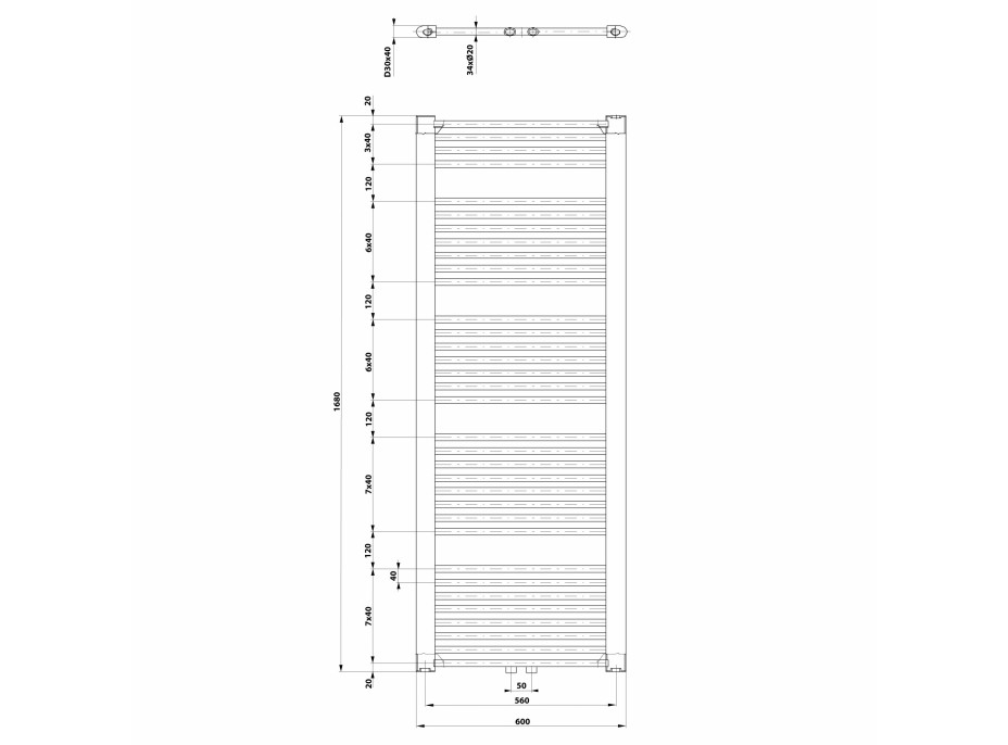 Aqualine DIRECT vykurovacie teleso so stredovým pripojením, 600x1680 mm, biela ELM66T