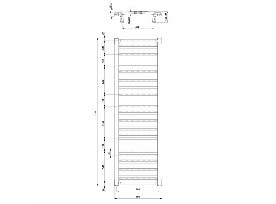 Aqualine ORBIT vykurovacie teleso s bočným pripojením 600x1320 mm, biela ILO36T