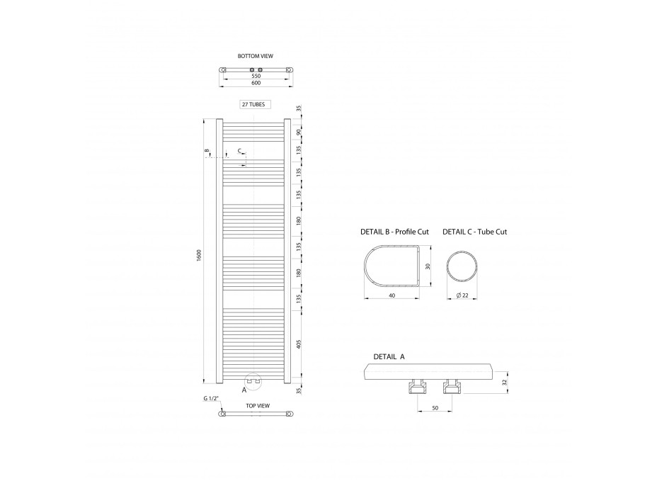 Aqualine ALYA vykurovacie teleso rovné 600x1600mm, stredové pripojenie, chróm LLS305