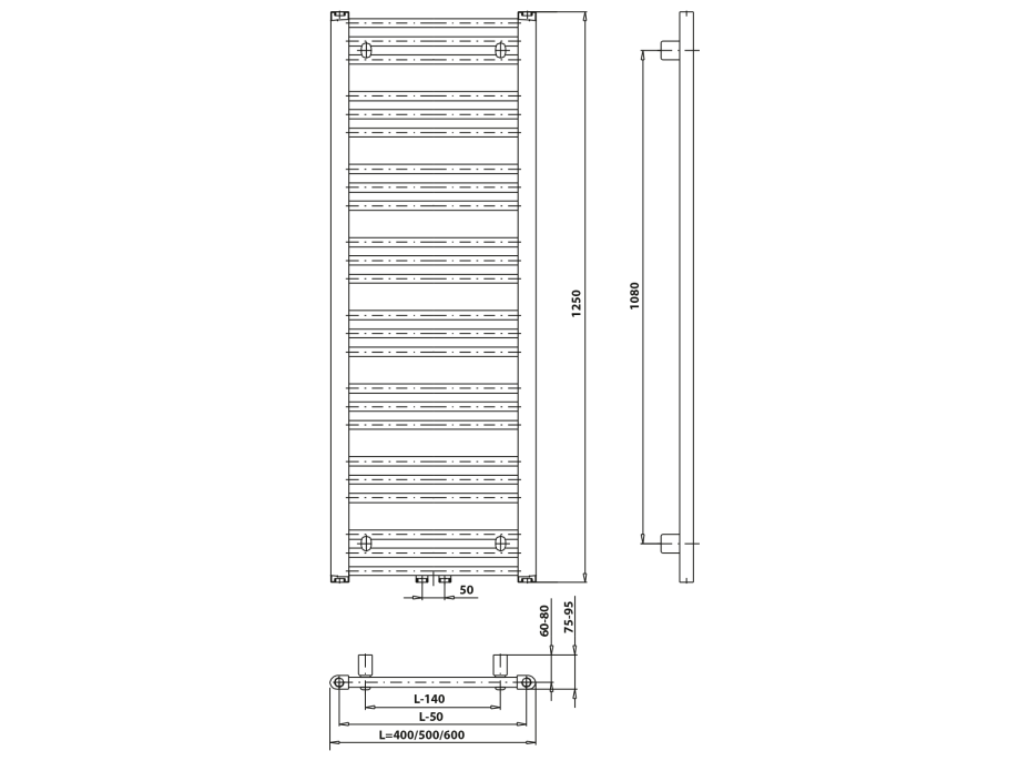 Bruckner ALBRECHT vykurovacie teleso 500x1250mm, stredové pripojenie, chróm 600.114.1