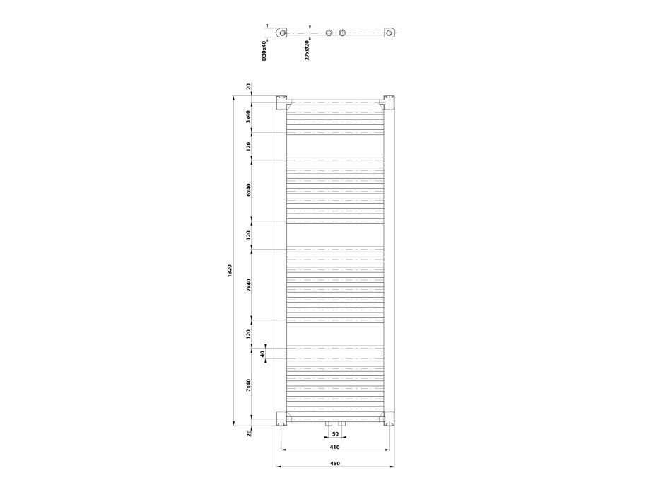 Aqualine DIRECT vykurovacie teleso so stredovým pripojením, 450x1320 mm, biela ELM34T