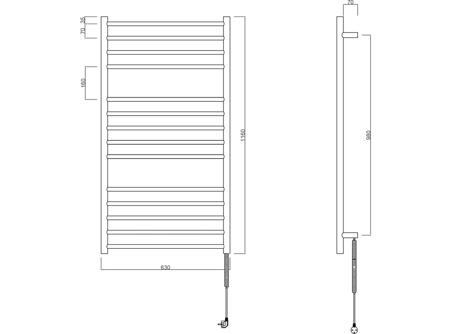 Sapho REDONDO elektrický sušiak uterákov, okrúhly, 630x1160 mm, 130 W, nerez lesk ER230V