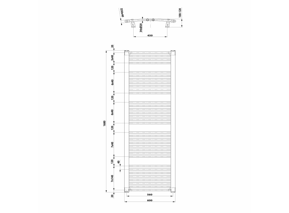 Aqualine ORBIT vykurovacie teleso s bočným pripojením 600x1680 mm, biela ILO66T