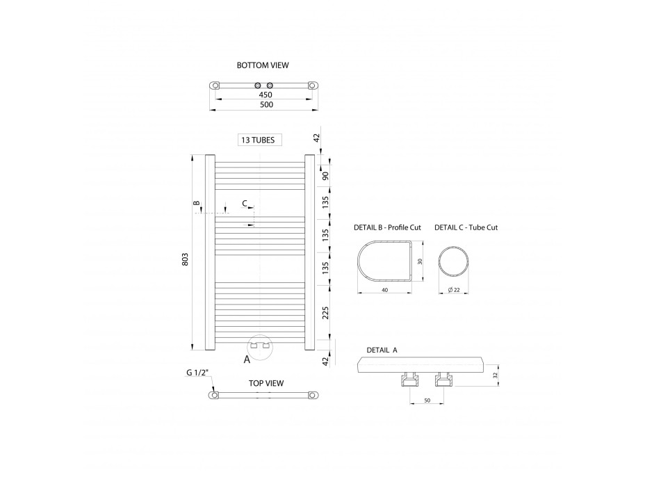 Aqualine ALYA vykurovacie teleso rovné 500x803mm, stredové pripojenie, chróm LLS301