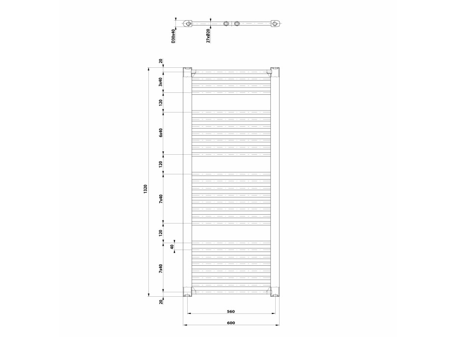 Aqualine DIRECT vykurovacie teleso s bočným pripojením 600x1320 mm, biela ILR36T