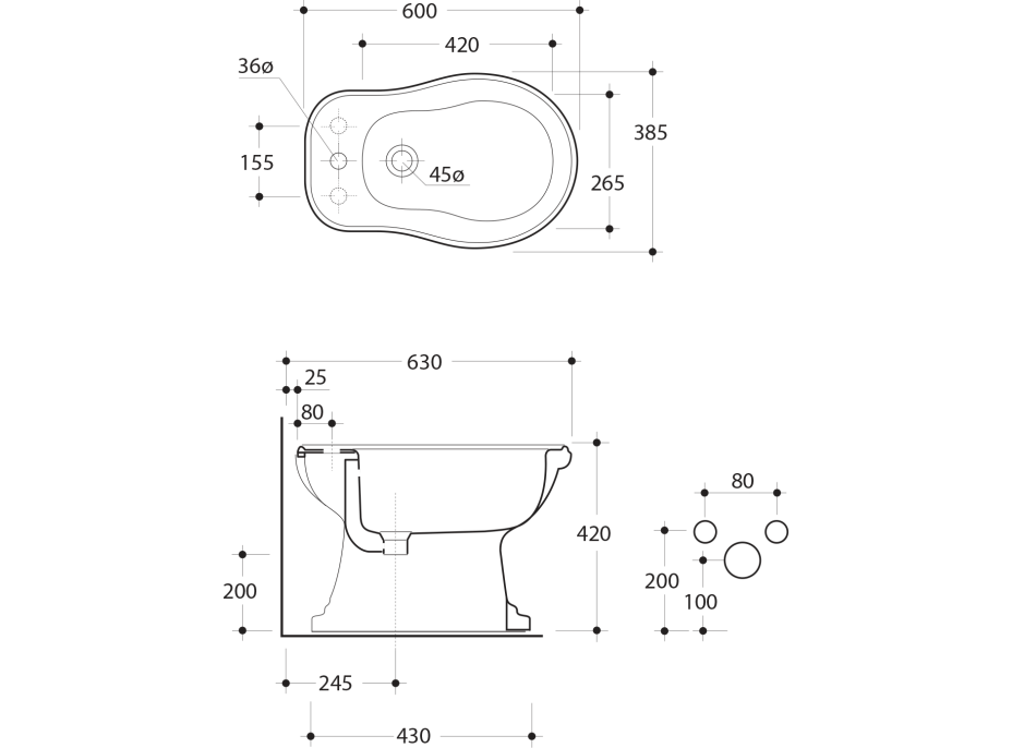 Kerasan RETRO bidet stojaci 38, 5x60cm, čierna mat 102031