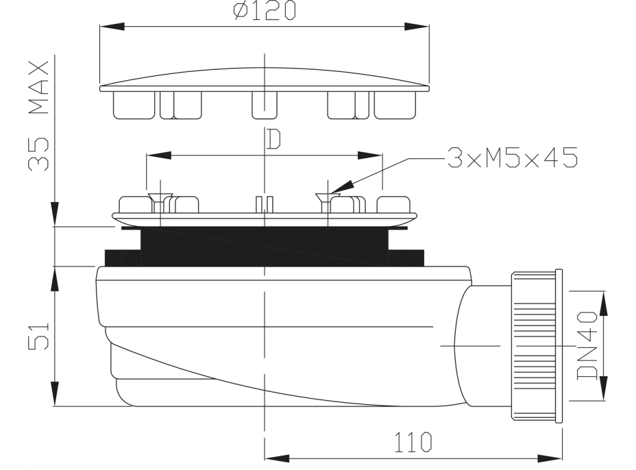 Polysan Vaničkový sifón, priemer otvoru 90mm, DN40, extra nízky, krytka nerez lesk 1722C