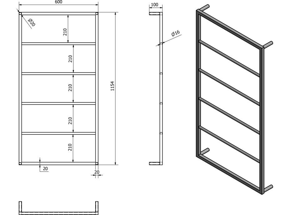 Sapho SKA nástenný sušiak uterákov 600x1150x100mm, čierna mat SKA502