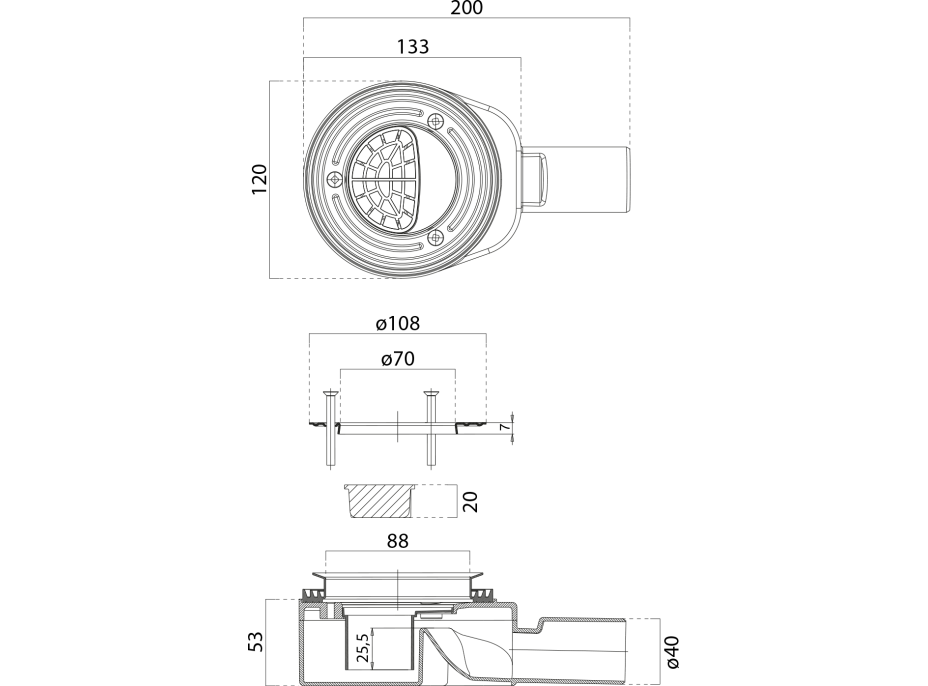 GSI Vaničkový sifón, priemer otvoru 90mm, DN40, nízky, krytka čierna mat PILDSR226