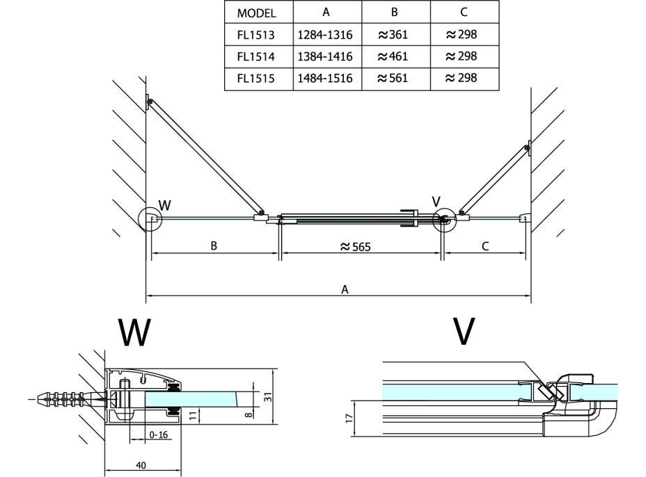 Polysan FORTIS LINE sprchové dvere do niky trojdielne 1300mm, číre sklo, ľavé FL1513L