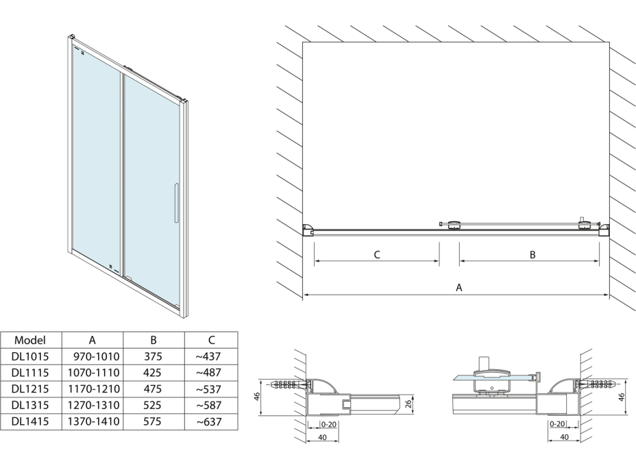 Polysan LUCIS LINE sprchové dvere 1300mm, číre sklo DL1315