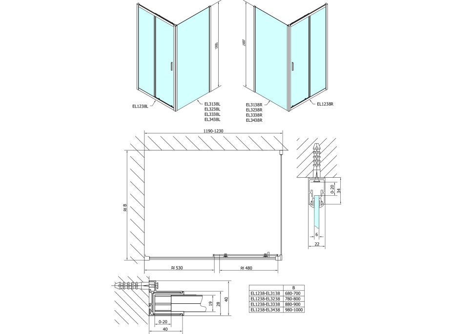 Polysan EASY LINE sprchové dvere 1200mm, sklo Brick EL1238