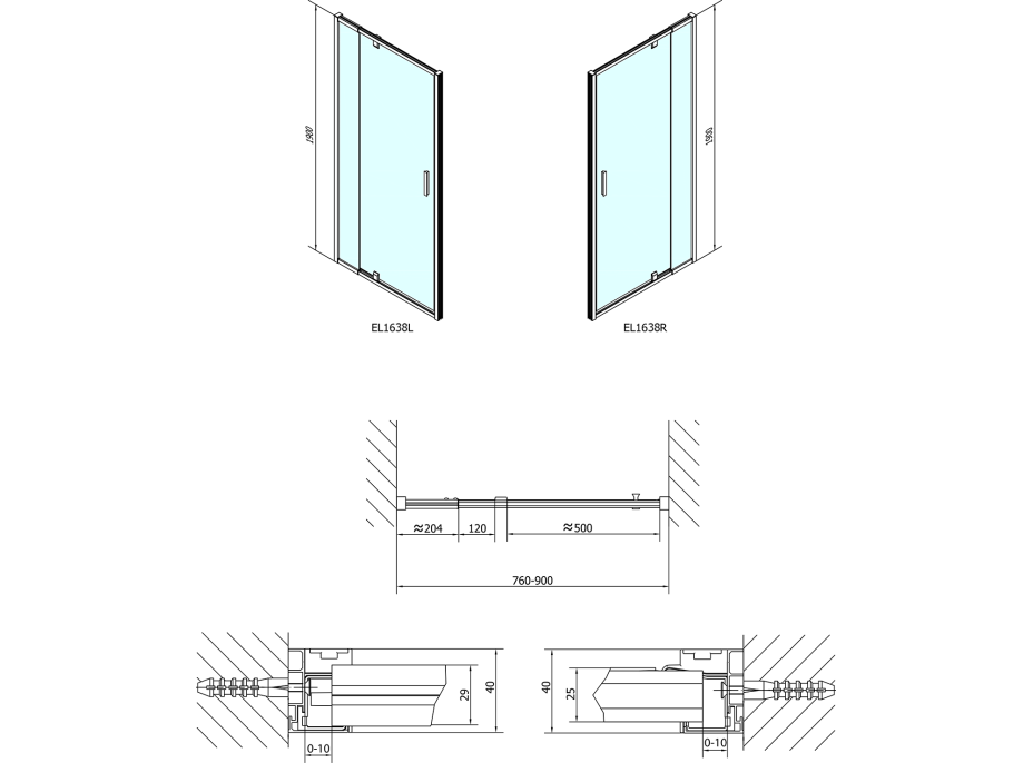 Polysan EASY LINE sprchové dvere otočné 760-900mm, sklo Brick EL1638