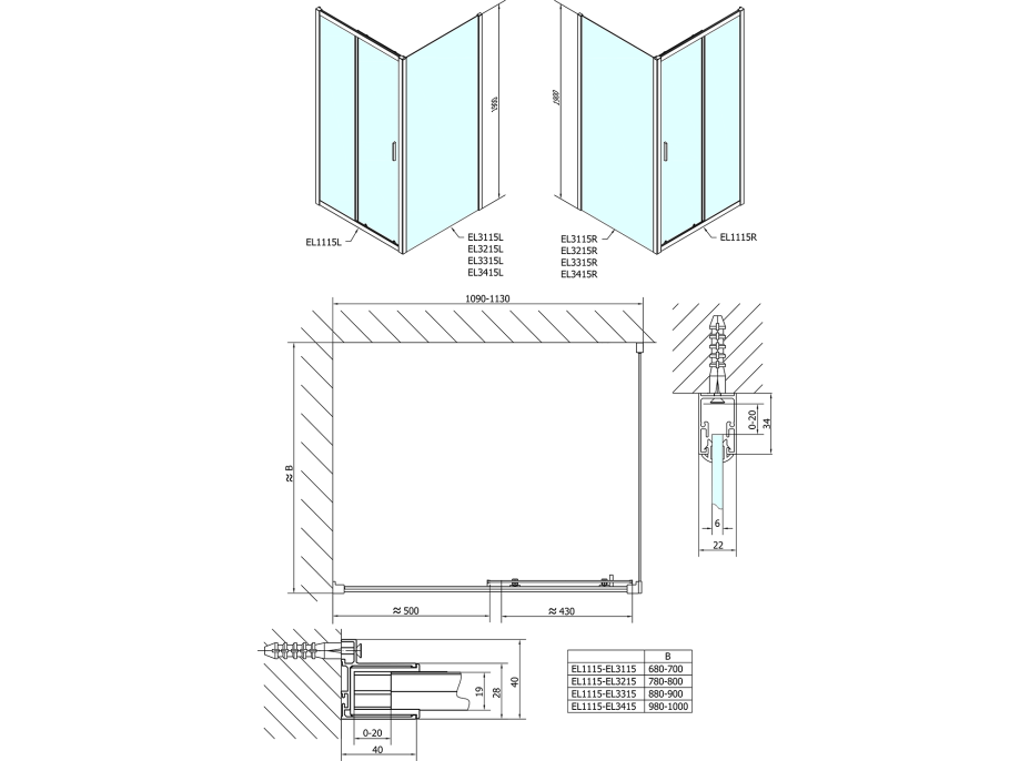 Polysan EASY LINE sprchové dvere 1100mm, číre sklo EL1115